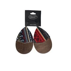 NWT Wooden Fabric Covered Boho Aztec Dangle Earrings Black & Red